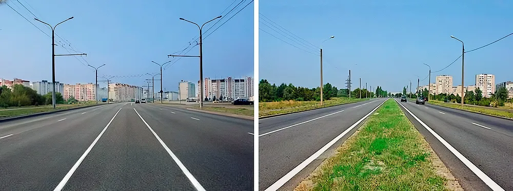 На каком рисунке изображена дорога с разделительной полосой?